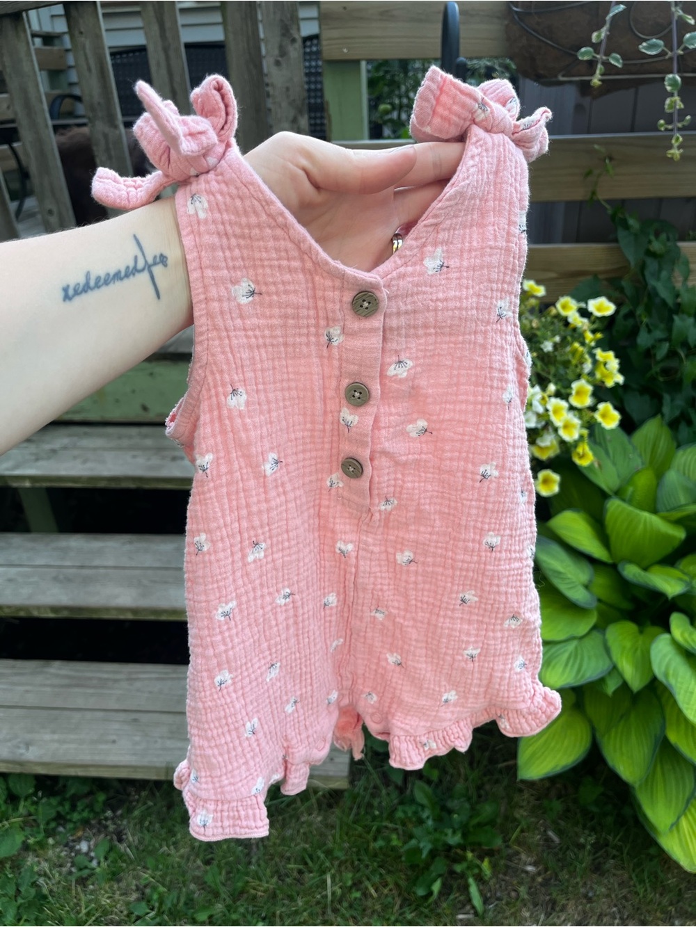 Pink Floral Baby Romper with Bow Shoulders